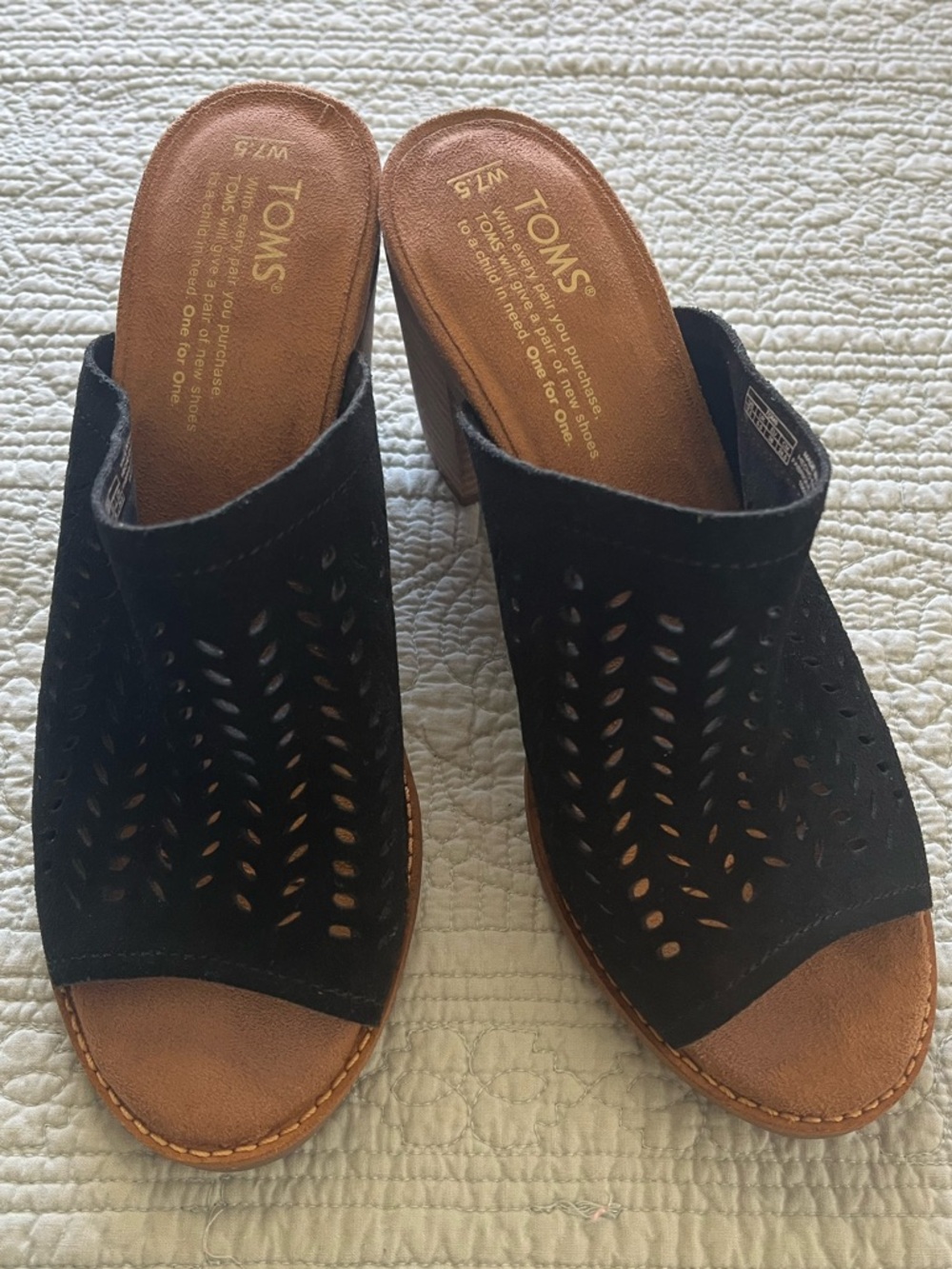 TOMS Majorca Women’s Size 7.5 Black Laser Cut Stacked Block Heel Open-Toe Mule
